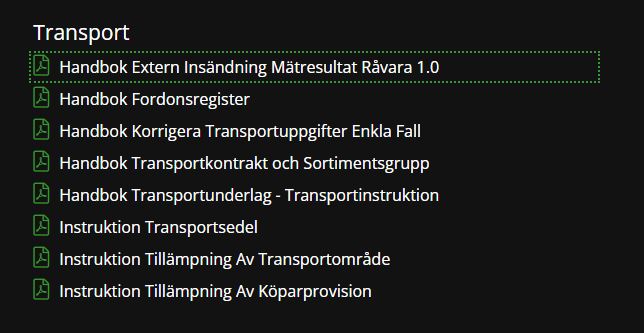 Handbok Extern insändning mätresultat råvara